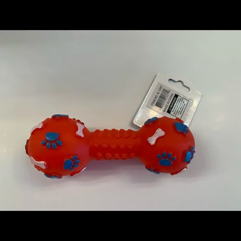 Pet- Squeaky Toy- Dumbbell W/ Paw Prints - Various Colors